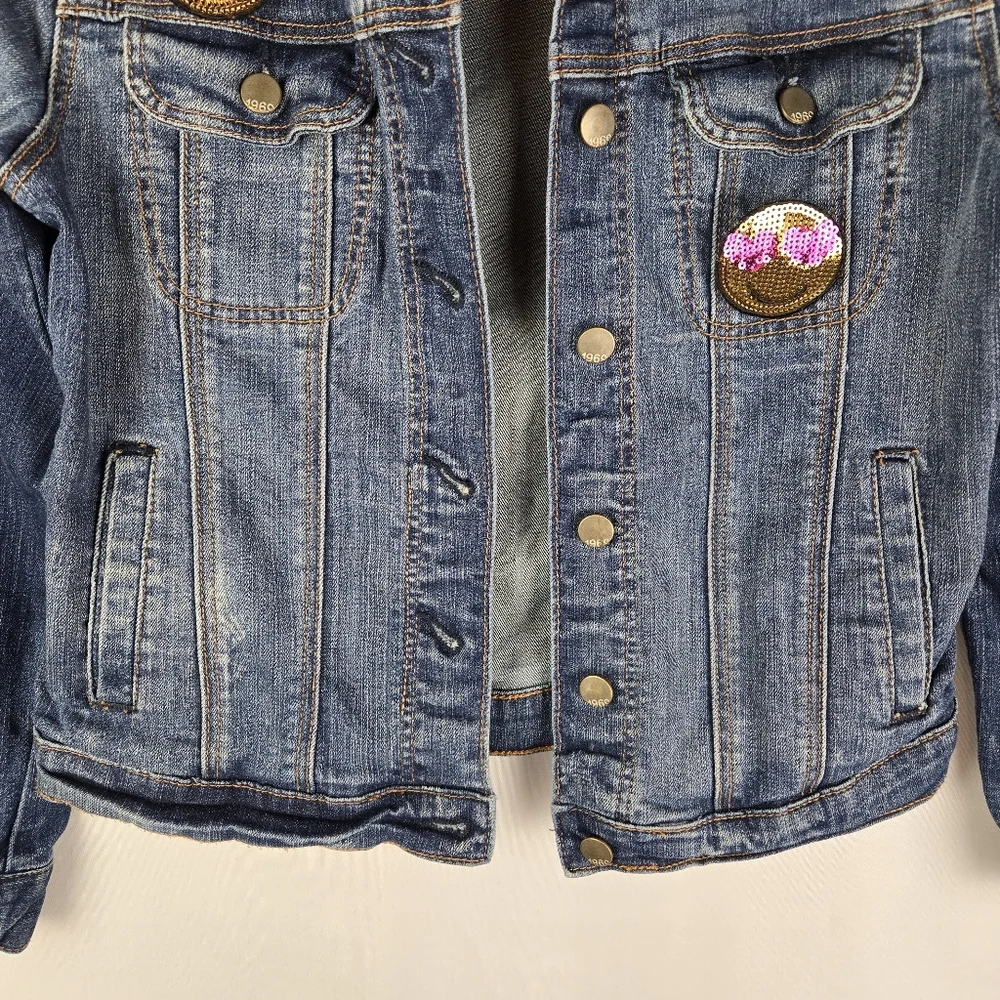 Gap Kids Blue Denim Jean Jacket Girls Size XL With Sequin Emoji Pins